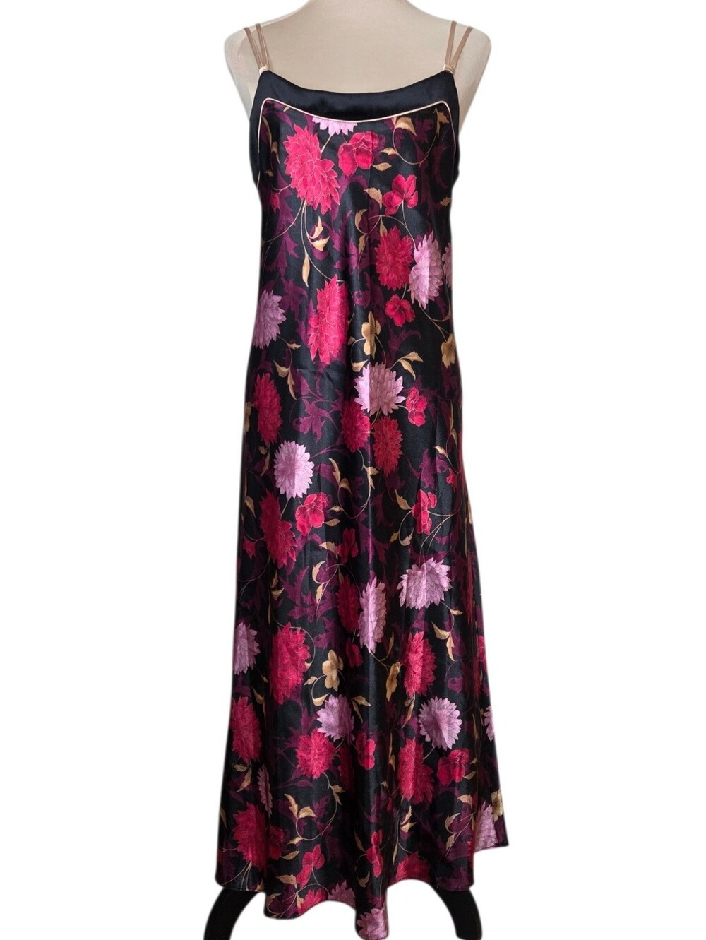 Jones New York Floral Satin Slip Dress Maxi Nightgown Bias Cut Y2K Romantic